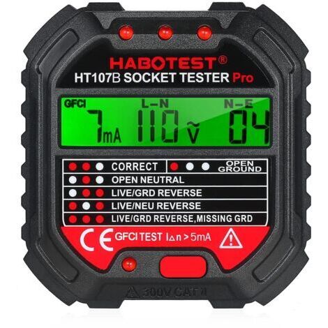 Testeur de Prise Avec Test RCD et Voyants,Testeur de Circuit Electrique,6 Types de Diagnostic D'Erreur,Courant Automatique Détecteur de Tension de Polarité,CAT ll 300V