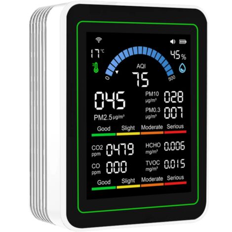Testeur de qualité de l'air 10 en 1 avec Wi-Fi, écran couleur TFT 2,8 pouces, mesure les PM2.5/PM10/PM0.3/HCHO/TVOC/CO₂/CO/IQA/température/humidité, batterie intégrée de 2000 mAh.