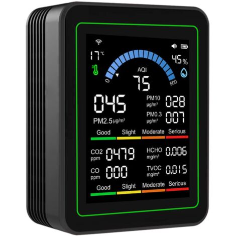 Testeur de qualité de l'air 10 en 1 avec Wi-Fi, écran couleur TFT 2,8 pouces, mesure les PM2.5/PM10/PM0.3/HCHO/TVOC/CO₂/CO/IQA/température/humidité, batterie intégrée de 2000 mAh.