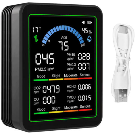 Testeur de qualité de l'air 10 en 1 CO2 TVOC HCHO PM2.5 PM10 PM0.3, détecteur Portable noir