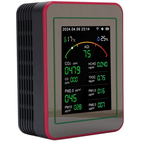 Testeur de qualité de l'air 15 en 1, écran HD 2.8 pouces, CO2 TVOC HCHO PM2.5, minuterie de température et d'humidité, détecteur WIFI, noir + rouge