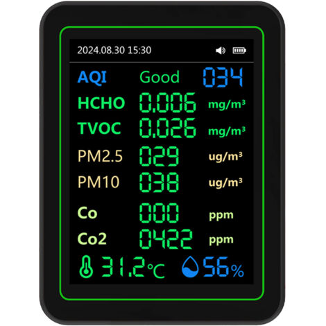 Testeur de qualité de l'air CO2 HCHO TVOC PM2.5 PM10, capteur de température et d'humidité, détecteur d'écran TFT noir