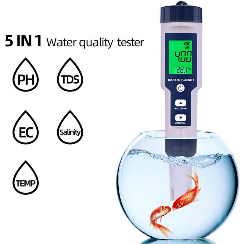 Start - Testeur de qualité de l'eau 5 en 1 Compteur numérique Analyseur de qualité de l'eau Détecteur ph / tds / ec / Température / Test de salinité