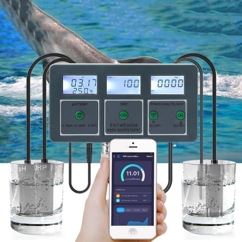 Testeur de Qualité de L'eau Moniteur 8 En 1 WiFi Smart PH Meter Enregistreur de Données Temp TDS Salinity S.G. EC ORP Analyseur pour Aquariums