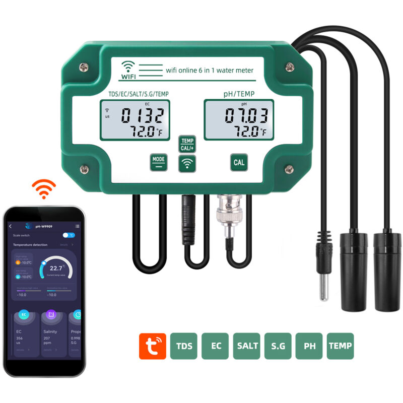 Eosnow - Testeur de qualité de l'eau, PH/TDS/EC/S.G/salinité/température six-en-un Tuya WiFi surveillance intelligente de la qualité de l'eau,