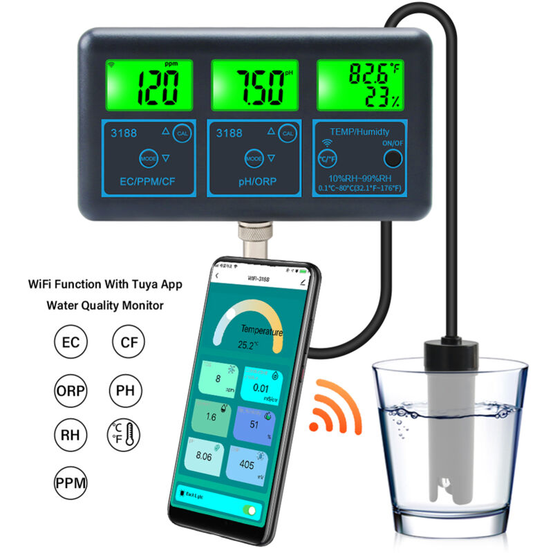 Testeur de qualité de l'eau pour aquarium, moniteur Wifi multifonctionnel de haute précision 7 en 1 pour le contrôle de l'application Tuya - Eosnow