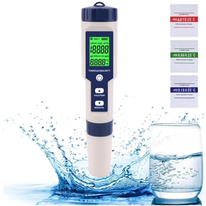 Testeur De Qualité de L'eau, Testeur PH Mètre 5 en 1 et TDS/EC/Salinité/Mètre Température, PH-mètre Avec Écran LCD, Pour Eau Potable, Piscine,