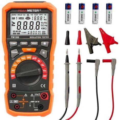 Testeur de résistance d'isolement mégohmmètre numérique 1000 V AC/DC pour appareils électriques, résistance d'isolement jusqu'à 100 GΩ, avec PI/DAR, test de fréquence et basse tension, avec écran LCD
