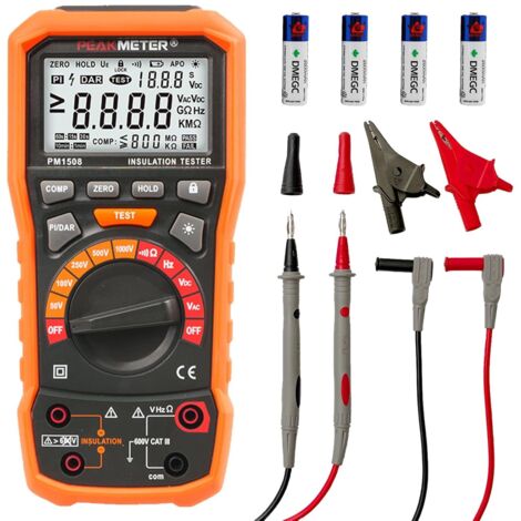 Testeur de résistance d'isolement mégohmmètre numérique 1000 V AC/DC pour appareils électriques, résistance d'isolement jusqu'à 100 GΩ, avec PI/DAR, test de fréquence et basse tension, avec écran LCD