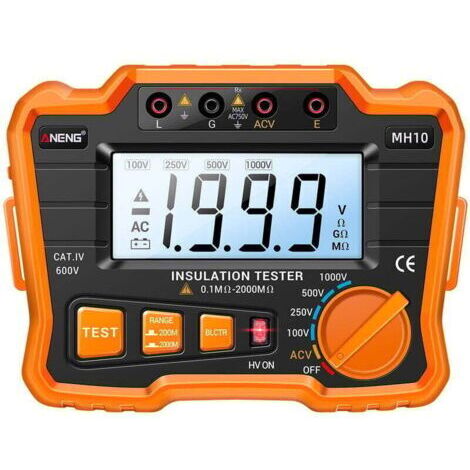 Testeur de résistance d'isolement numérique 0,1 MΩ-2000 MΩ – Mégohmmètre rétroéclairé LCD – Tension de sortie 100/250/500/1000 V – Résistance isolée AC 750 V