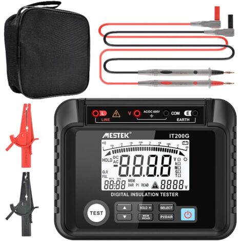 Testeur de résistance d'isolement numérique IT200G, mégohmmètre multifonction 2 500 V-200 GΩ pour mesures de tension CC/CA, d'indice de polarisation et de taux d'absorption.