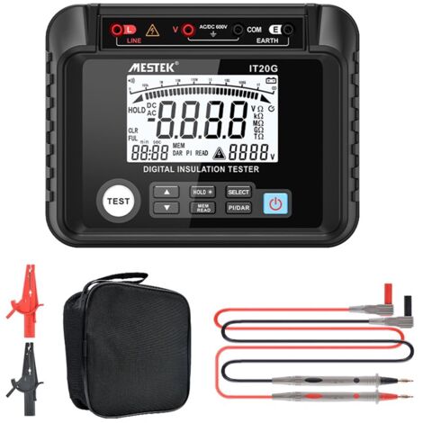 Testeur de résistance d'isolement numérique IT20G avec rétroéclairage LCD - Mesure la résistance d'isolement 1000 V-20 G, la tension CA/CC, l'indice de polarisation (IP) et le rapport d'absorption dié