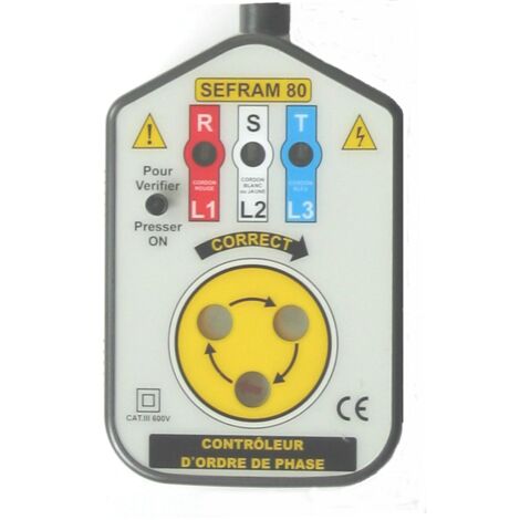 Testeur de rotation de phase Sefram80 – Intensité 10A – Tension 600V – CAT III – Fréquence 60Hz – Pince crocodile