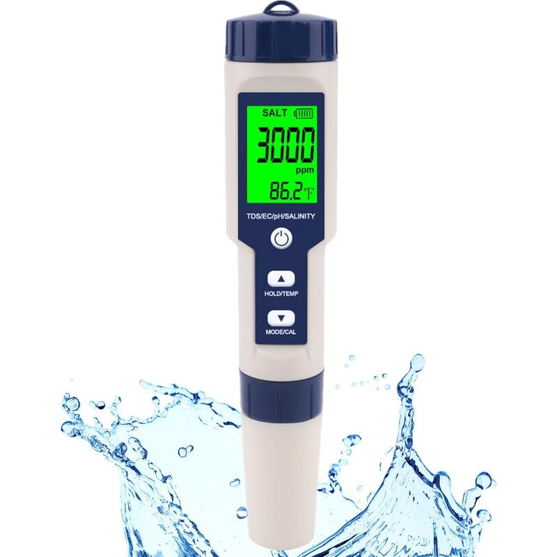 Testeur de sel de piscine et PH-mètre, compteur de salinité numérique et testeur de ph pour piscine eau salée et eau potable, 5 en 1 salinité ph Temp