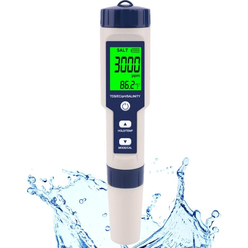 Testeur de sel et pH-mètre numérique pour piscine, eau de mer et eau potable, 5 en 1, salinité, pH, température, EC et TDS pour piscines, jacuzzi,