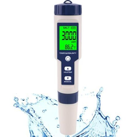 Testeur de sel et pH-mètre numérique pour piscines, eau de mer et eau potable, 5 en 1 : salinité, pH, température, conductivité électrique (CE) et total des solides dissous (TDS) pour piscines, jacuzz