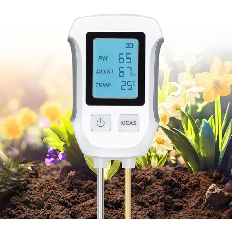 Testeur de Sol 3 en 1, Testeur de Température et de ph pour Plantes, Capteur Hygromètre, avec Affichage lcd Rétroéclairé pour Jardin, Pelouse, Ferme,