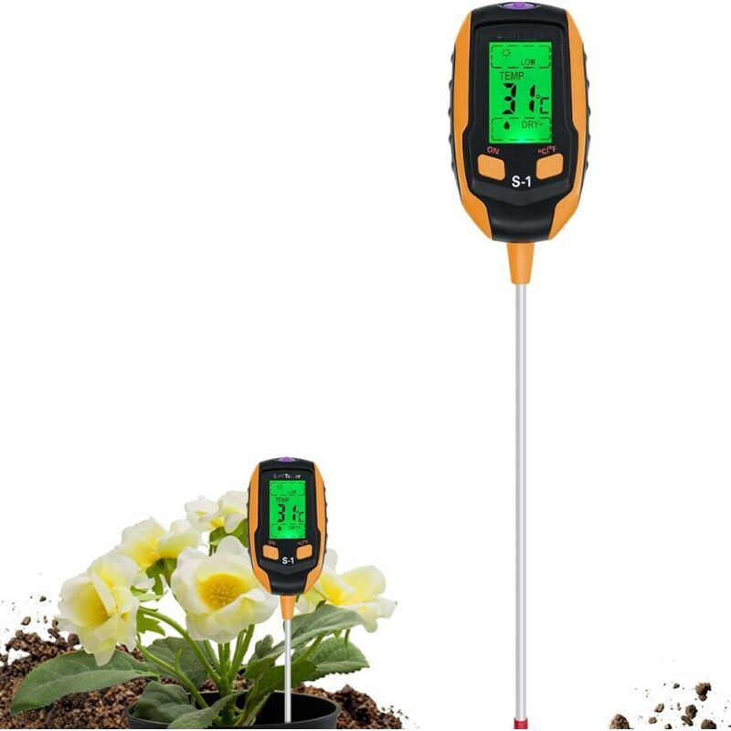 Testeur de Sol 4 en 1 avec PH/Température/Humidité/Lumière pour Jardinage, Pelouse, Agriculture et Plantes d'Extérieur