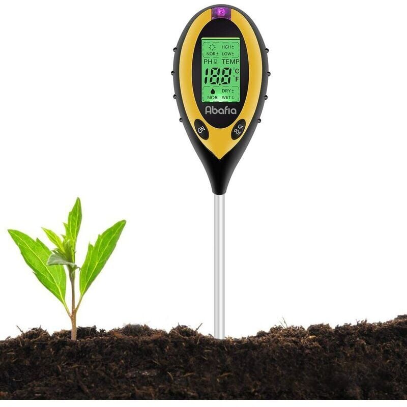 Testeur de Sol, 4 en 1 Soil Tester PH-mètre, lumière du Soleil, température, hygromètre pour Jardin Ferme Pelouse Intérieur en Plein Air Plante Fleur