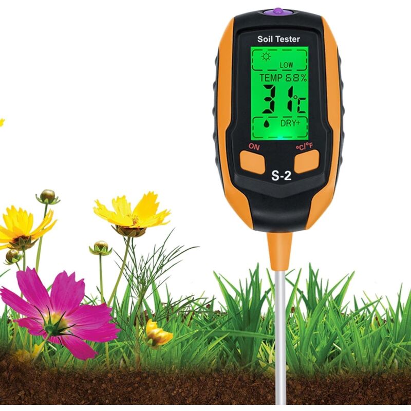 Testeur de Sol 5-en-1, Testeur avec Humidité du Sol/pH/Température/Humidité de l'environnement/Luminosité du Soleil avec Affichage LCD Rétroéclairé