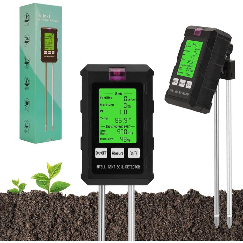 Testeur de Sol 6 en 1, Multifonction fertilité du Sol/humidité/pH/température/lumière ambiante/humidité avec écran HD éclairé pour Les Plantes, Le