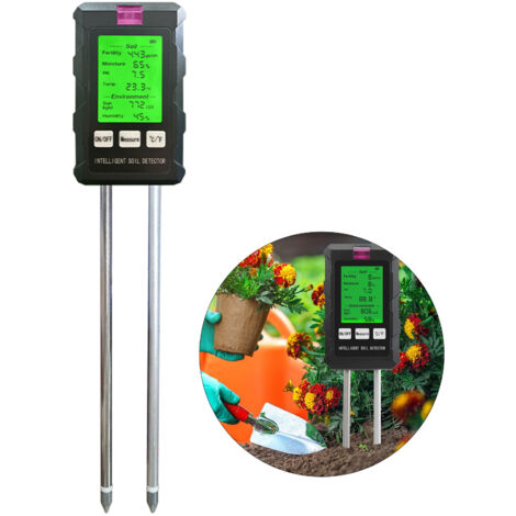 Testeur de Sol Intelligent 6-en-1 avec Ecran LCD à Double Probes: Mesure Humidité Fertilité pH Température Lumière Air Humide (ABS/Alloy Noir)