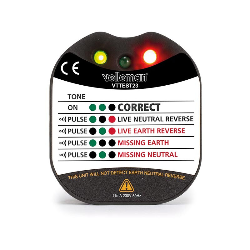 Testeur de tension et de terre pour prise murale - cat ii - 230 v - indication par led et buzzer Velleman VTTEST23