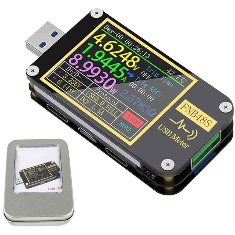 Testeur de tension USB FNB48 PD - Voltmètre USB 3.0 - Testeur de tension et de courant CC 4-24 V 6,5 A - Multimètre USB C - PPS - Chargement rapide