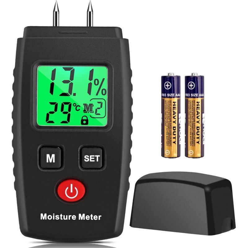 Testeur d'humidité, détecteur d'humidité de type broche avec 3 modes, écran LCD avec rétroéclairage vert, détecteur de moisissure pour bois et