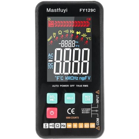 Testeur électrique intelligent compact, multimètre numérique intelligent FY129C avec support Testeur électrique intelligent compact 5999 points LCD rétroéclairé Mesure la résistance de tension AC/DC