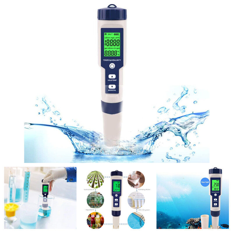 5 en 1 ph Mètre Numérique, Testeur pH Mètre 5 en 1, pH-mètre avec Écran lcd, résolution Haute précision 0,01, Testeur de qualité de l'eau pour Eau