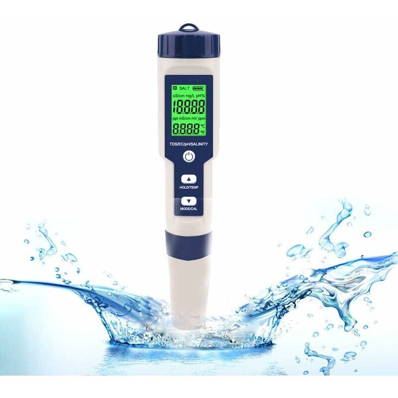 BSR - Testeur électronique de PH-mètre, 5 en 1 ph Testeur Thermomètre de poche Qualité de l'eau ph ec Sel tds pour la maison, la piscine, l'eau