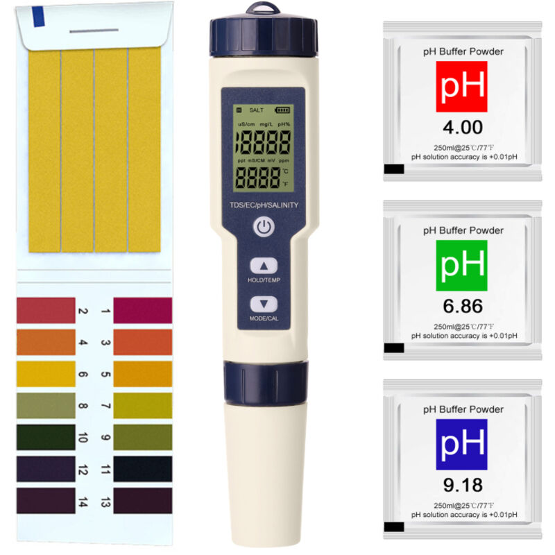 Testeur multifonction professionnel 5 en 1， pH/EC/TDS/Salinité/Thermomètre, testeur de qualité de l'eau