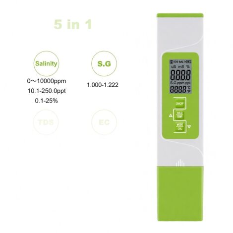 Testeur numérique 5 en 1 de qualité de l'eau (TDS/EC/SEL/SG/Température) pour piscines, eau potable et aquariums (pile non incluse)