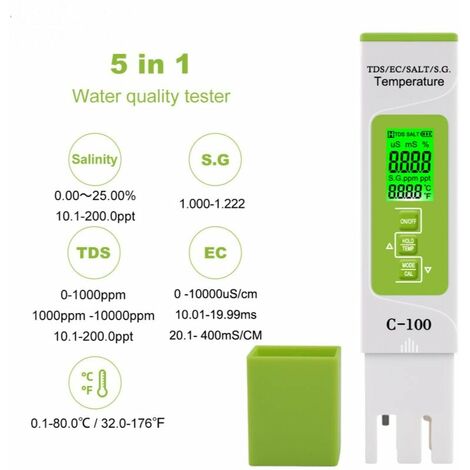 Testeur numérique de qualité de l'eau 5 en 1 Test TDS/EC/salinité/SG./Température Test de haute précision pour eau potable aquarium de piscine domestique