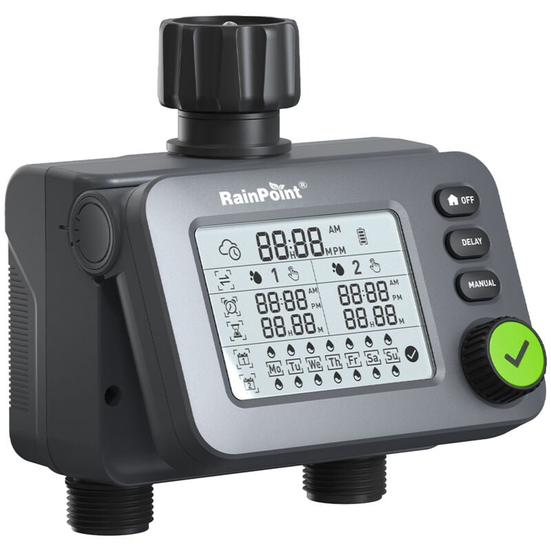 Rainpoint Ordinateur d'irrigation 2 sorties avec entrée et sortie, minuterie de jardin programmable avec retard de pluie, système d'arrosage