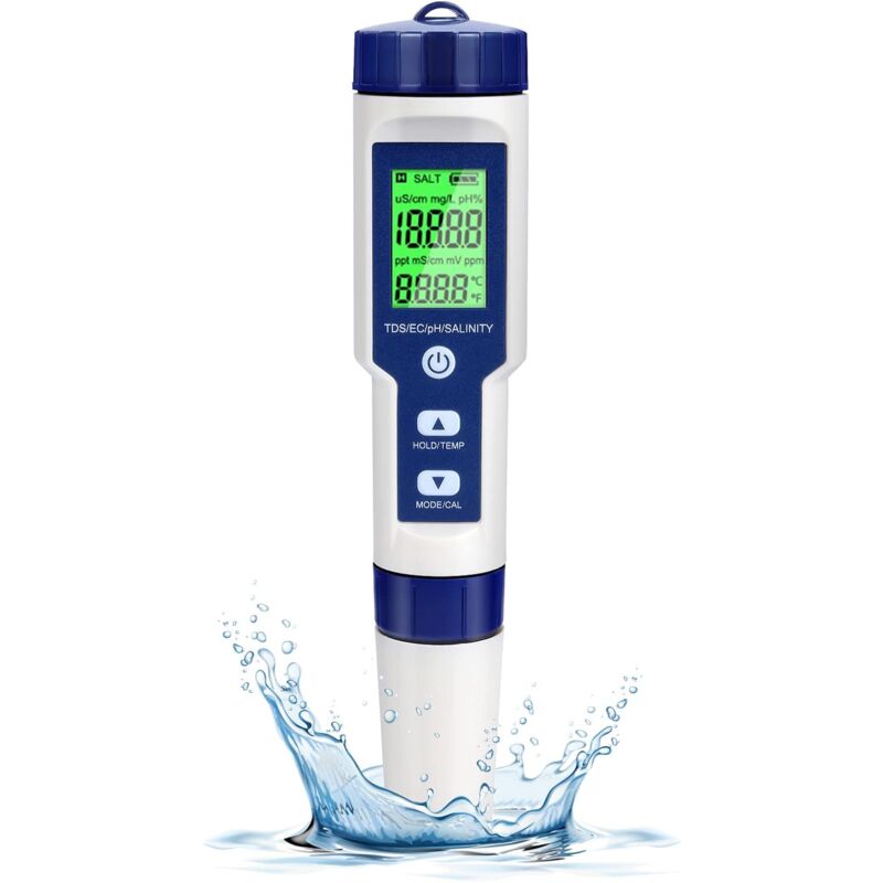 Testeur PH Electronique, Testeur Eau Piscine 5 en 1 avec Rétro-éclairage, PH/TDS/EC/Salinité/TempmèTre avec ATC, PH Metre Haute Précision de