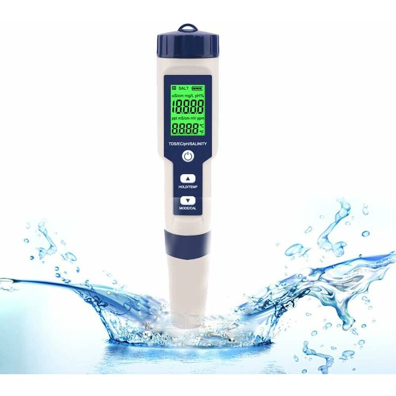 Testeur PH Mètre Électronique 5 en 1 - Qualité de l'Eau, Température, PH, EC, Salt TDS