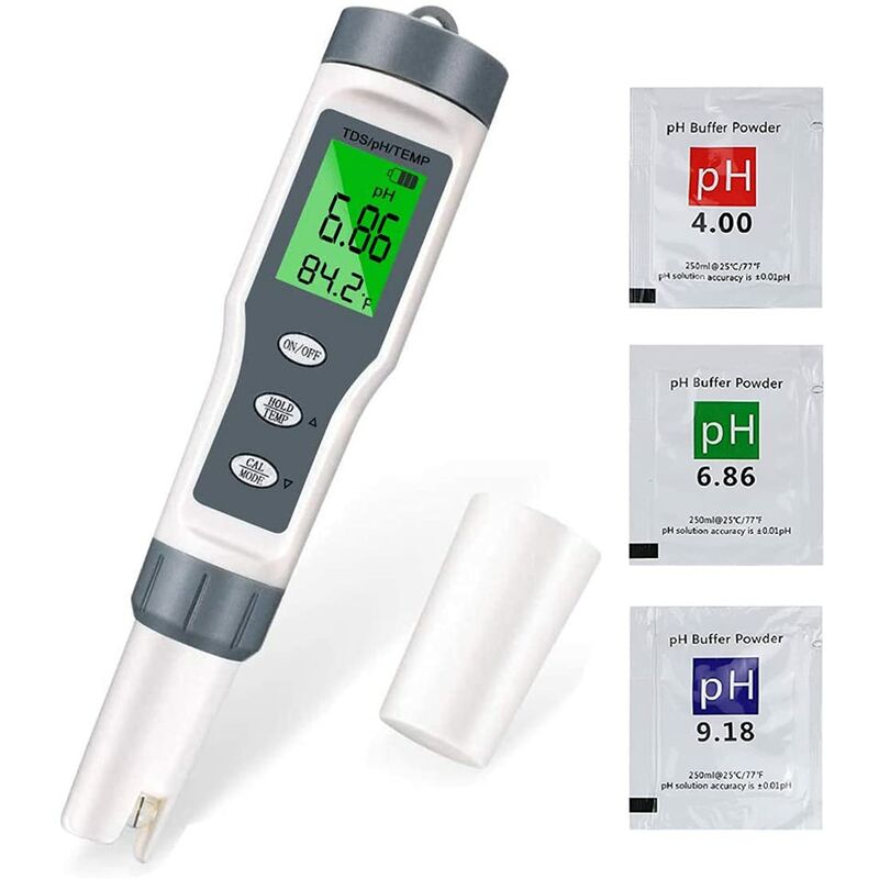 Testeur PH Mètre, Testeur PH Piscine Électronique 3-en-1, TDS Mètre Température, Testeur de qualité de l'eau avec Écran LCD et Précision de Lecture,