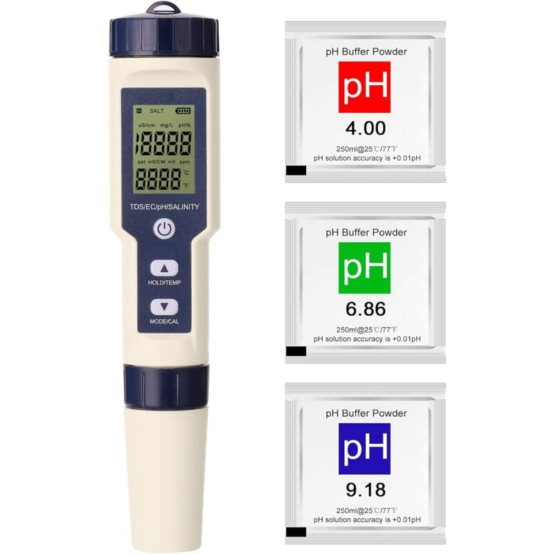 Testeur ph sel Piscine Electronique 5 en 1 Testeur de pH ec tds Salinité Thermomètre pH Mètre Electronique Testeur de Qualité de l'eau IP67 étanche 3