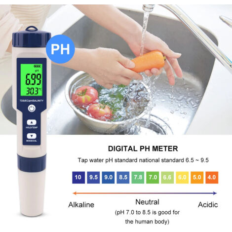 Testeur Qualité Eau Numérique 5-en-1 pH/TDS/EC/Temperature - Pour Piscines, Eau Potable, Aquariums