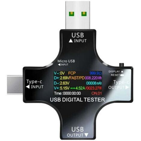 Testeur USB Multimètre USB C Meter de Courant et de Tension 3.3-30V 0-5.1A Tester 2 en 1 Voltmetre Amperemetre Capacité Alimentation Wattmètre Chargeur Détecteur