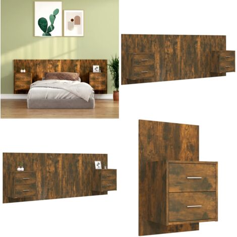 Testiera Letto con Comodini in Legno Multistrato Rovere Fumo - Comodini - Armadietti