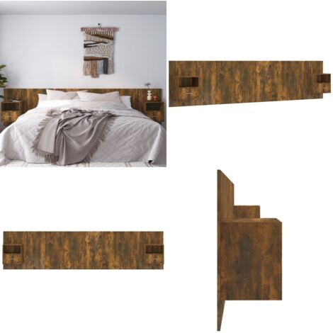 Testiera Letto con Comodini Rovere Fumo in Legno Multistrato - Comodini - Letto con comodini