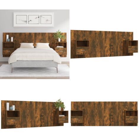 Testiera Letto con Comodini Rovere Fumo in Legno Multistrato - Comodini - Letto con comodini