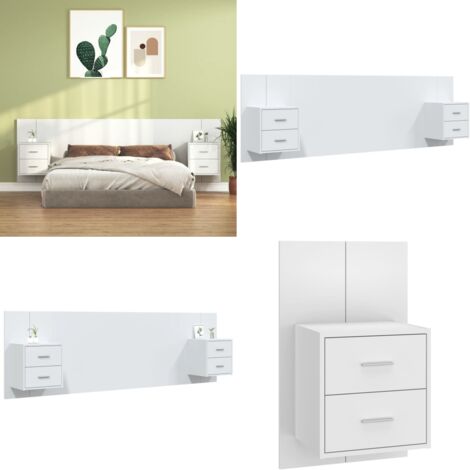 Testiera per Letto con Comodini in Legno Multistrato Bianco - Comodini in legno - Letto con comodini