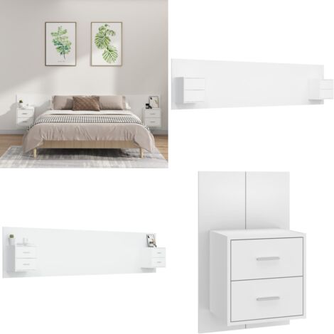 Testiera per Letto con Comodini in Legno Multistrato Bianco - Comodini in legno - Letto con comodini