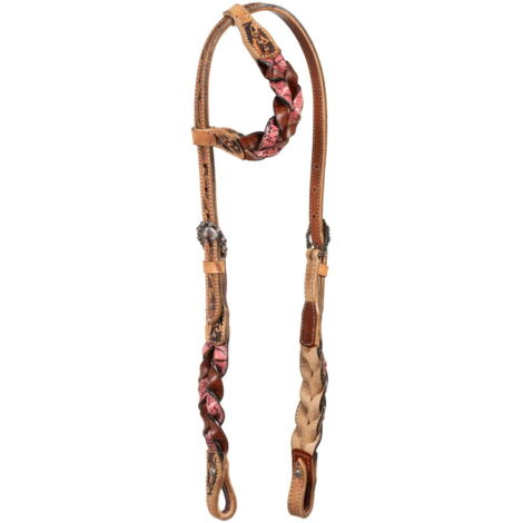 Testiera western in cuoio ad orecchio con decorazioni intrecciate rosa
