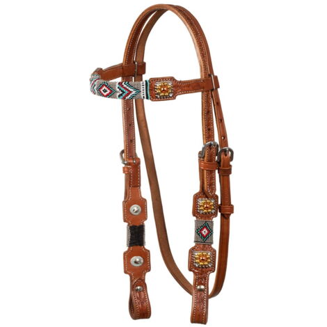 Testiera western in cuoio con decorazione di perline stile navajo