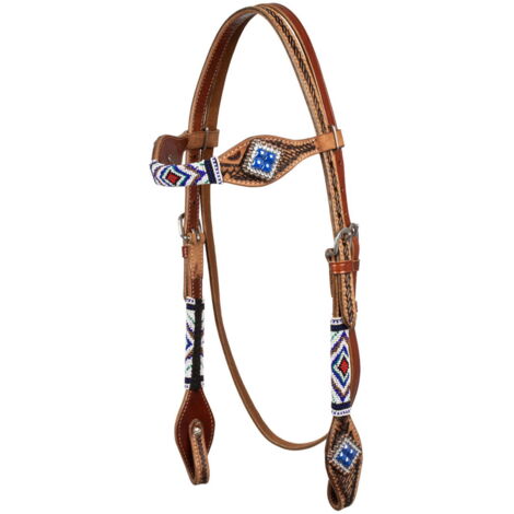 Testiera western in cuoio decorato a rombi con perline blu